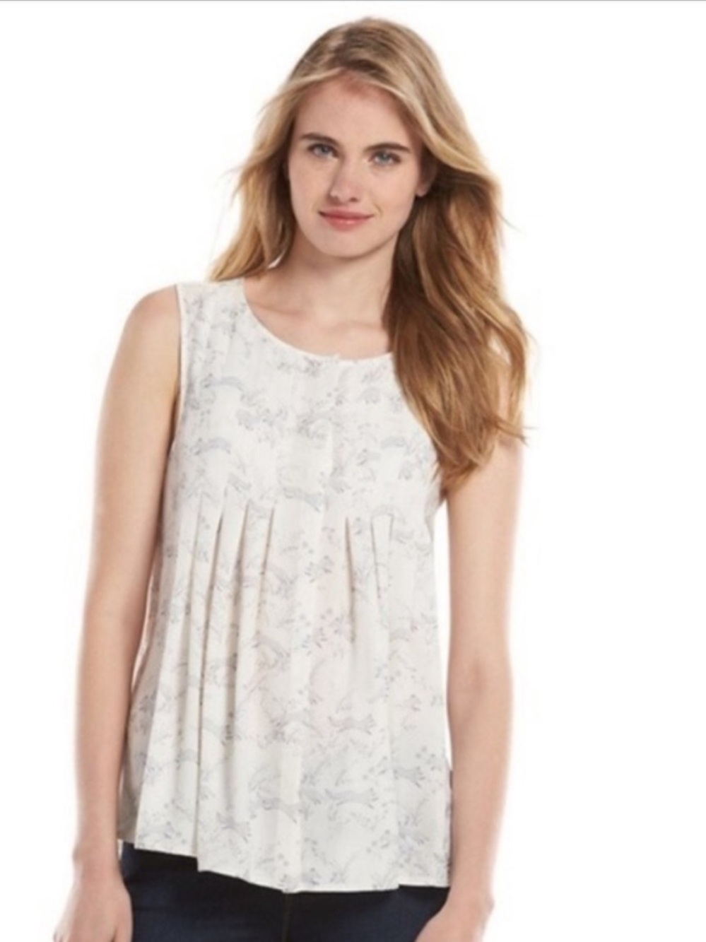 LC Lauren Conrad Cream Floral Pleated Sleeveless Top